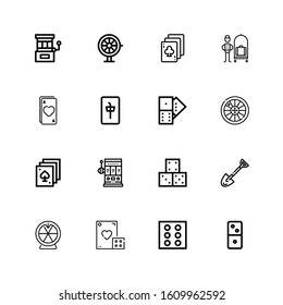 Editable 16 casino icons for web and mobile. Set of casino included icons line Dominoes, Dice, Roulette, Spade, Slot machine, Poker, Domino, Mahjong, Ace, Bellhop on white background