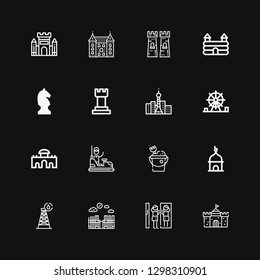 Editable 16 castle icons for web and mobile. Set of castle included icons line Castle, Amusement park, Merida, Tower, Sand bucket, Bumper car, Alcala gate on black background
