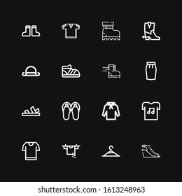 Editable 16 casual icons for web and mobile. Set of casual included icons line Sandals, Clothing hanger, Clothes hanger, Tshirt, Hoodie, Skirt, Shoe, Bowler on black background