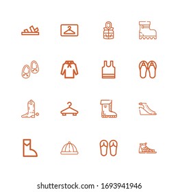 Editable 16 casual icons for web and mobile. Set of casual included icons line Sandals, Winter hat, Boot, Boots, Hanger, Sleeveless, Hoodie, Shoes, Jacket on white background