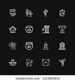 Editable 16 cat icons for web and mobile. Set of cat included icons line Veterinarian, Hamster, Witch, Litter box, Sphinx, Fish bowl, Haunted house, Pet, Scratching on black background