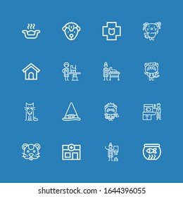 Editable 16 cat icons for web and mobile. Set of cat included icons line Fish bowl, Veterinarian, Veterinary, Hamster, Kitty, Witch, Cat, Dog house, Hedgehog on blue background