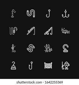 Editable 16 catch icons for web and mobile. Set of catch included icons line Fishing, Fishing net, Hook, Ice fishing, Worm, Football player, rod on black background
