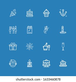Editable 16 celebrate icons for web and mobile. Set of celebrate included icons line Cake, Candle, Monkey, Champagne glass, Ice bucket, Firework, Gift, Newlyweds on blue background