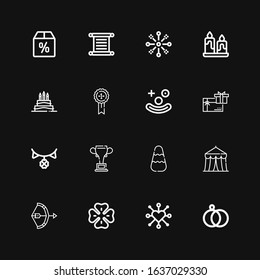 Editable 16 celebration icons for web and mobile. Set of celebration included icons line Wedding rings, Heart, Clover, Bow, Circus, Candy, Championship, Garland on black background