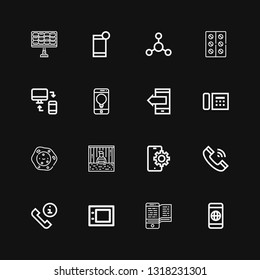 Editable 16 Cell Icons For Web And Mobile. Set Of Cell Included Icons Line Smartphone, Graphic Tablet, Phone Call, Telephone, Mobile, Prisoner, Cell, Responsive On Black Background