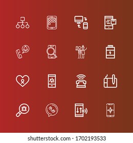 Editable 16 cell icons for web and mobile. Set of cell included icons line Smartphone, Phone call, Virus, Graphic tablet, Phone, Mobile, Cancer, Proteins, Selfie, Responsive on red