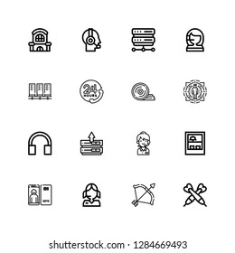 Editable 16 center icons for web and mobile. Set of center included icons line Darts, Archery, Call center, Focus, Shop, Server, Headphones, Target, Weight plates on white background