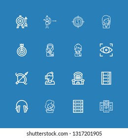 Editable 16 center icons for web and mobile. Set of center included icons line Servers, Server, Call center, Headphones, Mall, Archery, Focus, Operator, Target on blue background