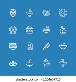 Editable 16 ceramic icons for web and mobile. Set of ceramic included icons line Sink, Basin, Hair straightener, Vase, Pottery, Ceramic, Sour soup, Amphora on blue background