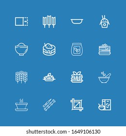 Editable 16 cereal icons for web and mobile. Set of cereal included icons line Breakfast, Crop, Spike, Soup, Bowl, Pancake, Rice, Wheat, Pancakes, Seed bag on blue background