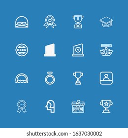Editable 16 ceremony icons for web and mobile. Set of ceremony included icons line Trophy, Open, Student, Medals, Ring, Medal, Cap, Mortarboard on blue background
