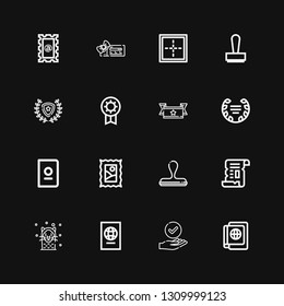 Editable 16 certificate icons for web and mobile. Set of certificate included icons line Passport, Success, Seal, Papyrus, Stamp, Laurel, Ribbon, Prize, Winner on black background