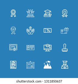 Editable 16 certificate icons for web and mobile. Set of certificate included icons line Graduation, Success, Diploma, Ssl, Stamp, Education, Merit, Gift card on blue background