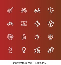 Editable 16 chain icons for web and mobile. Set of chain included icons line Link, Bicycle, Necklace, Balance, Slavery, Fiat, Pendant, Chain on red