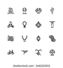 Editable 16 chain icons for web and mobile. Set of chain included icons line Balance, Bicycle, Saddle, Chains, Punching bag, Pendant, Jewelry, Necklace, Staff on white background