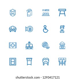 Editable 16 chair icons for web and mobile. Set of chair included icons line Seats, Dental, Nightstand, Film, Bar, Waiting room, Movie, Dentist, Handicap, Sofa on white background