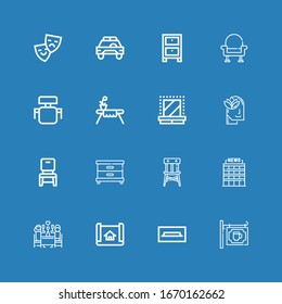 Bearbeitbar 16 Stuhlsymbole für Web und Mobile. Sstuhl inbegriffen Icons Linie Bar, TV-Tisch, Hausplan, Romantisches Abendessen, Büro, Stuhl, Nachtständer, Relax, Dressing Zimmer auf blauem Hintergrund
