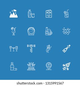 Editable 16 champagne icons for web and mobile. Set of champagne included icons line Confetti, Bar, Success, Cola, Champagne, Newlyweds, Corkscrew, Stemware on blue background
