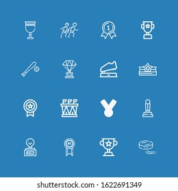 Editable 16 championship icons for web and mobile. Set of championship included icons line Puck, Trophy, Medal, Stadium, Award, Baseball, Race, Goblet on blue background