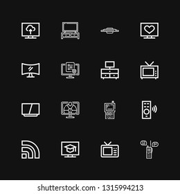 Editable 16 channel icons for web and mobile. Set of channel included icons line Walkie talkie, Television, Rss, Remote control, Tv on black background