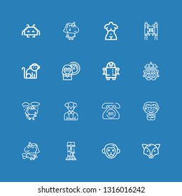 Editable 16 character icons for web and mobile. Set of character included icons line Fox, Monkey, Robotics, Unicorn, Caveman, Emergency call, Clown, Robot, Woman on blue background