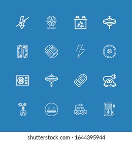 Editable 16 charge icons for web and mobile. Set of charge included icons line Charger, Electric car, Shocked, Energy, Battery, Cymbal, Power, Flash, Invert on blue background