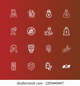 Editable 16 charity icons for web and mobile. Set of charity included icons line Blood donation, Blood transfusion, Charity, Hemoglobin, Money bag, Ngo, Donor on red