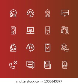 Editable 16 chat icons for web and mobile. Set of chat included icons line Smartphone, Text lines, Conversation, Phone call, Chat bubble, Support, Call center, Shopping online on red