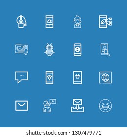 Editable 16 chat icons for web and mobile. Set of chat included icons line Laughing, Email, Answer, Message, Network, Smartphone, Chat, Robot, Mms, Call center on blue background