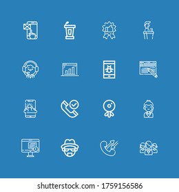 Editable 16 chat icons for web and mobile. Set of chat included icons line Networking, Call, Heisenberg, Notification, Call center, Webcam, Phone, Smartphone on blue background