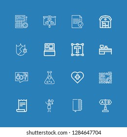 Editable 16 check icons for web and mobile. Set of check included icons line Test, Agenda, Crossing, Receipt, Stamp, Red cross, Blood test, Proposal, Cash machine on blue background