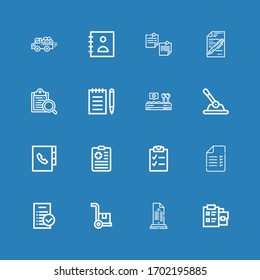 Bearbeitbar 16 Checklisten-Icons für Web und Mobile. Gruppe der in der Checkliste enthaltenen Symbole: Notepad, Liste, Ladgo, Aufgaben, Test, Checkliste, Zwischenablage, Agenda, Kontrolle auf blauem Hintergrund