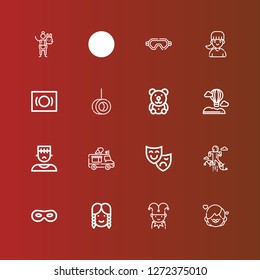 Editable 16 cheerful icons for web and mobile. Set of cheerful included icons line Girl, Jester, Mask, Jumping, Theatre mask, Ice cream truck, Monster, Hot air balloon on red