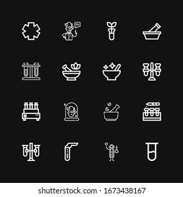 Editable 16 chemist icons for web and mobile. Set of chemist included icons line Test tube, Scientist, Test tubes, Mortar, Clinic on black background