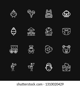 Editable 16 Child Icons For Web And Mobile. Set Of Child Included Icons Line Donation, Girl, Lullaby, Bear, Ponytail, Carriage, Diaper, Clothes Donation, Carousel On Black Background