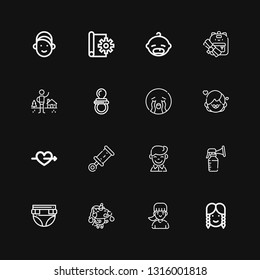 Editable 16 child icons for web and mobile. Set of child included icons line Girl, Unicorn, Diaper, Breast pump, Boy, Rattle, Cupid, Crying, Pacifier, Shelter on black background