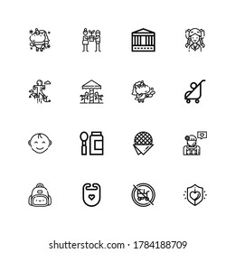 Editable 16 iconos secundarios para web y móvil. El conjunto de niños incluye íconos de la línea de caridad, transporte para bebés, Bib, mochila, chica, Stroopwafel, comida para bebés, niño de fondo blanco