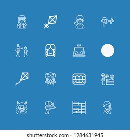 Editable 16 children icons for web and mobile. Set of children included icons line Girl, Bunk bed, Water gun, Monster, Denture, Kite, Swing, Uncle on blue background