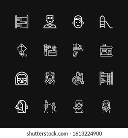 Editable 16 children icons for web and mobile. Set of children included icons line Girl, Uncle, Bunk bed, Yoyo, Sloth, Kindergarten, Water gun, Kite, Playground on black background