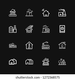 Editable 16 chimney icons for web and mobile. Set of chimney included icons line House, Houses, Factory, Nuclear plant, Chimney on black background