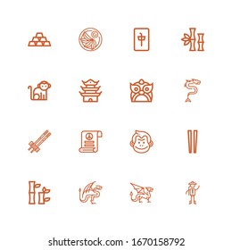 Editable 16 china icons for web and mobile. Set of china included icons line Chinese, Dragon, Bamboo, Chopsticks, Monkey, Pacifism, Pagoda, Mahjong, Jiaozi on white background
