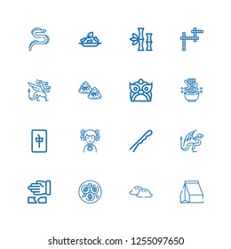 Editable 16 chinese icons for web and mobile. Set of chinese included icons line Take away, Dumpling, Tofu, Martial arts, Dragon, Hairpin, Chinese, Mahjong on white background