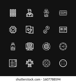 Editable 16 chip icons for web and mobile. Set of chip included icons line Biscuit, Casino chip, Robot, Draft, Technology, Artificial intelligence, Cookies on black background