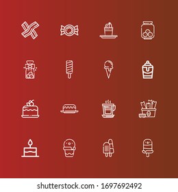 Editable 16 chocolate icons for web and mobile. Set of chocolate included icons line Popsicle, Ice cream, Cake, Snack, Coffee, Milkshake, Ice cream cone, Cookies, Pudding on red