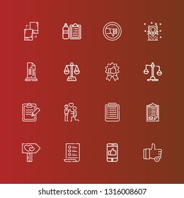 Editable 16 choice icons for web and mobile. Set of choice included icons line Like, List, Signpost, Clipboard, Proposal, Balance, Recommendation, Seal, Thumb down, Check list on red