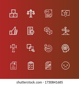 Editable 16 choice icons for web and mobile. Set of choice included icons line Sad, Test, Checklist, Exam, Favorite, Evaluation, Exclude, Cross, Direction sign, Dices, Tasks on red