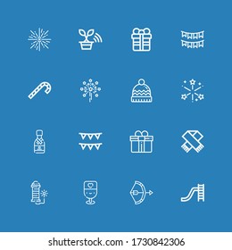 Editable 16 christmas icons for web and mobile. Set of christmas included icons line Toboggan, Bow, Champagne, Fireworks, Scarf, Gift, Garlands, Winter hat on blue background