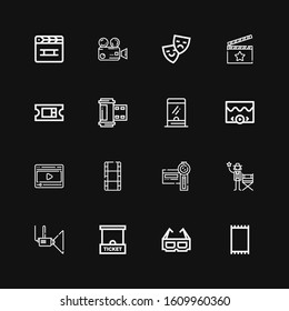 Editable 16 cinema icons for web and mobile. Set of cinema included icons line Carpet, d glasses, Ticket office, Projector, Actor, Camcorder, Film, Video, Ticket window on black background