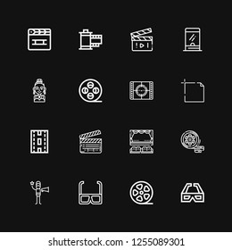 Editable 16 cinematography icons for web and mobile. Set of cinematography included icons line d glasses, Film roll, Film director, Film, Cinema, Clapperboard on black background